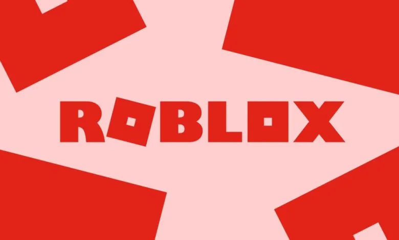 Roblox logo in red against a light pink background with red geometric shapes.