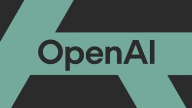 OpenAI logo on a teal background with dark gray geometric shapes.