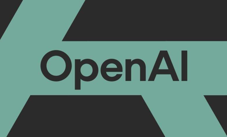 OpenAI logo on a teal background with dark gray geometric shapes.