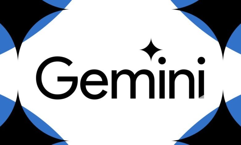 Gemini logo in black on white background with blue and black geometric shapes.
