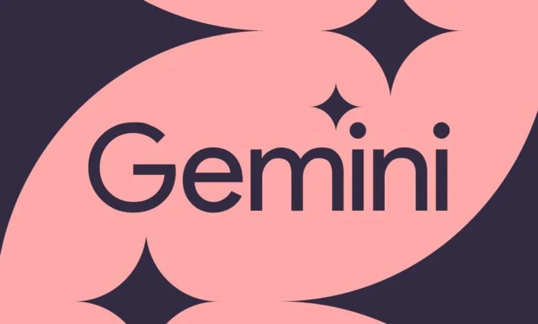 Gemini logo in dark purple on pink background with starbursts.