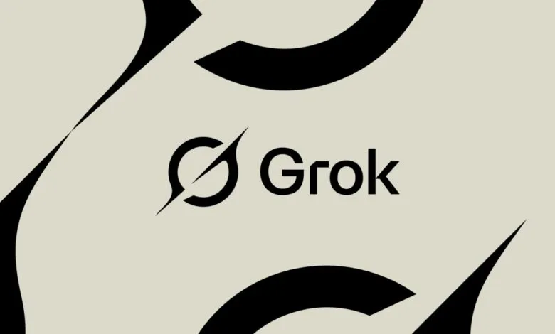 Grok logo with stylized 'G' and text on a light background.