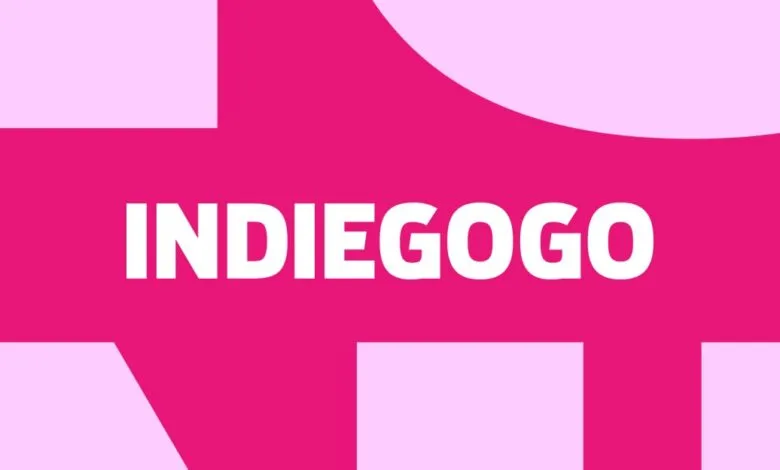 Indiegogo logo in white on a pink background.
