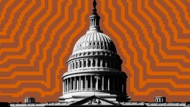 United States Capitol Building with orange pixelated background.