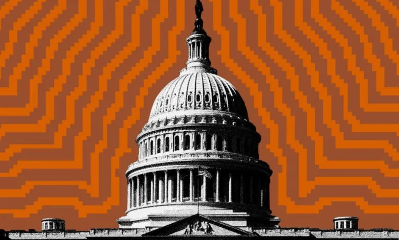United States Capitol Building with orange pixelated background.