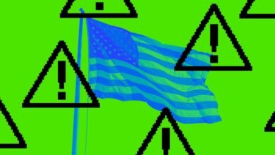 American flag with warning signs against a bright green background.