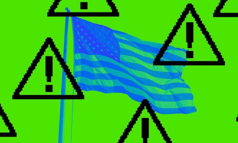 American flag with warning signs against a bright green background.