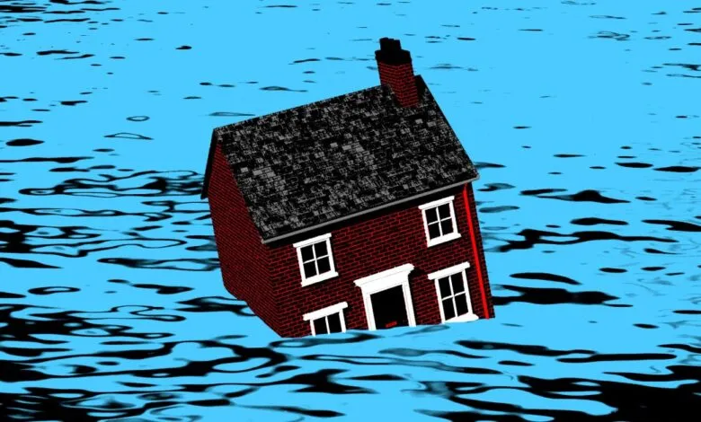 Illustration of a brick house partially submerged in water, symbolizing flooding.