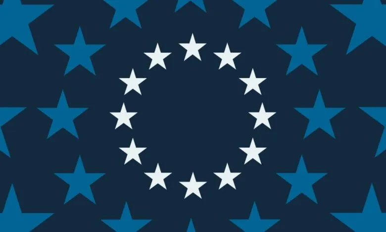 European Union flag design with white stars in a circle and blue stars.