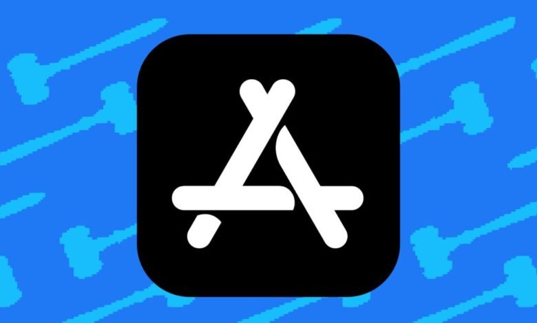 Apple App Store logo in black square on blue background with gavel pattern.