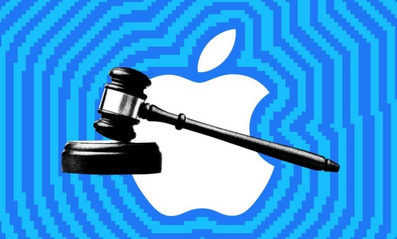 Gavel rests on Apple logo against a blue pixelated background.