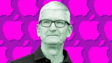Tim Cook portrait with pixelated Apple logo background.