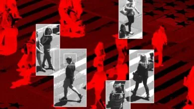 Overhead view of pedestrians with face detection boxes, red overlay.