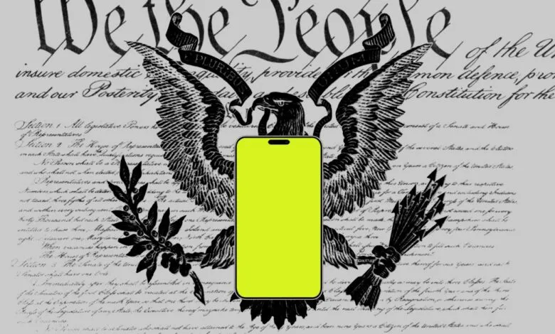 Smartphone with yellow screen overlayed on US Constitution and eagle.