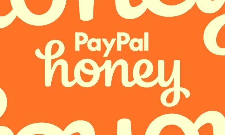 PayPal Honey logo on orange background with repeating 'honey' text.
