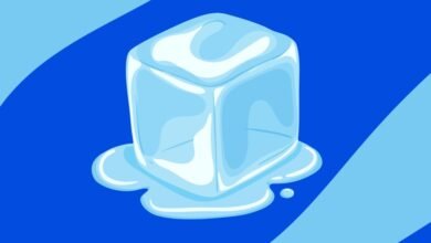 Cartoon ice cube melting on blue background with light blue stripe.