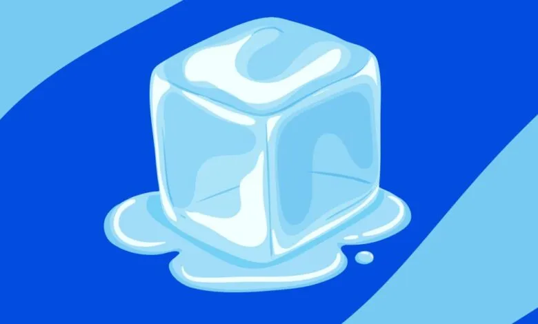 Cartoon ice cube melting on blue background with light blue stripe.