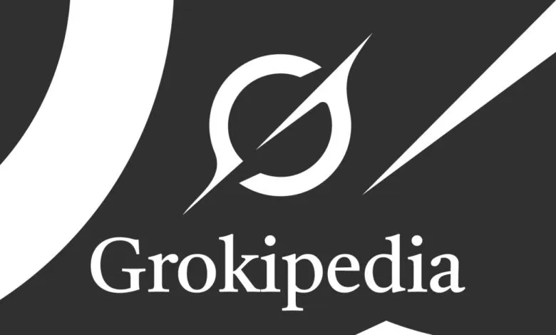 Grokipedia logo in white on a dark gray background.