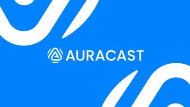 Auracast logo on a blue background with white abstract shapes.