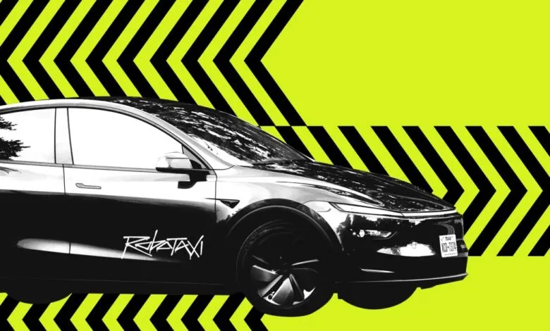Stylized Tesla Robotaxi with black and yellow hazard stripes background.