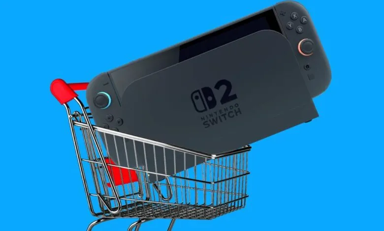 Nintendo Switch 2 console in a miniature shopping cart.