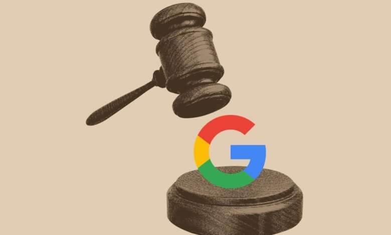 Gavel poised above Google logo on a judge's stand, suggesting legal action.