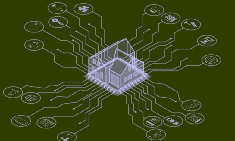 Smart home concept with house connected to various device icons.