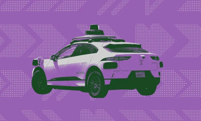Waymo self-driving car with sensor array on top, rear view, against purple background.