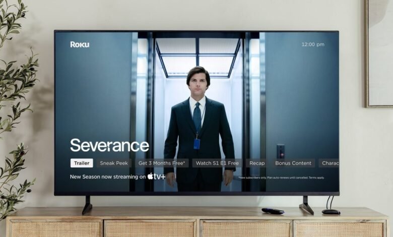 Roku TV displaying Apple TV+ show 'Severance' with Adam Scott in an elevator.