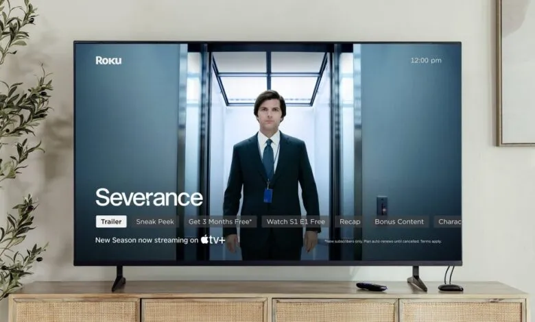 Roku TV displaying Apple TV+ show 'Severance' with Adam Scott in an elevator.