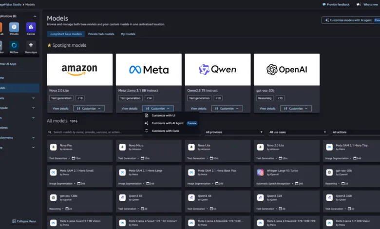 SageMaker Studio interface showing available AI models from Amazon, Meta, Qwen, and OpenAI.
