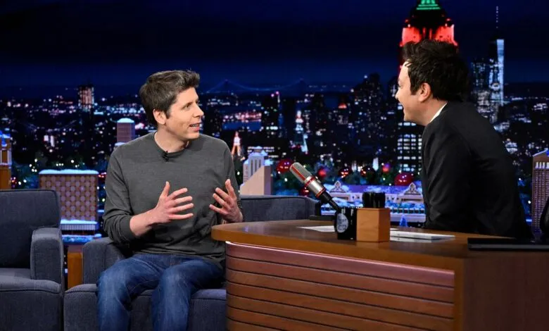 Sam Altman on The Tonight Show with Jimmy Fallon, talking animatedly.