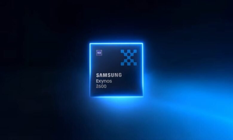 Samsung Exynos 2600 processor chip with blue neon outline.