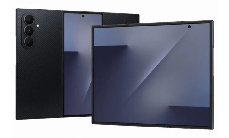 Samsung Galaxy Z Tri-Fold phone with multiple screens and camera array.
