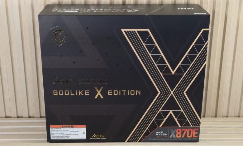MSI MEG X870E Godlike motherboard box, black and gold design.