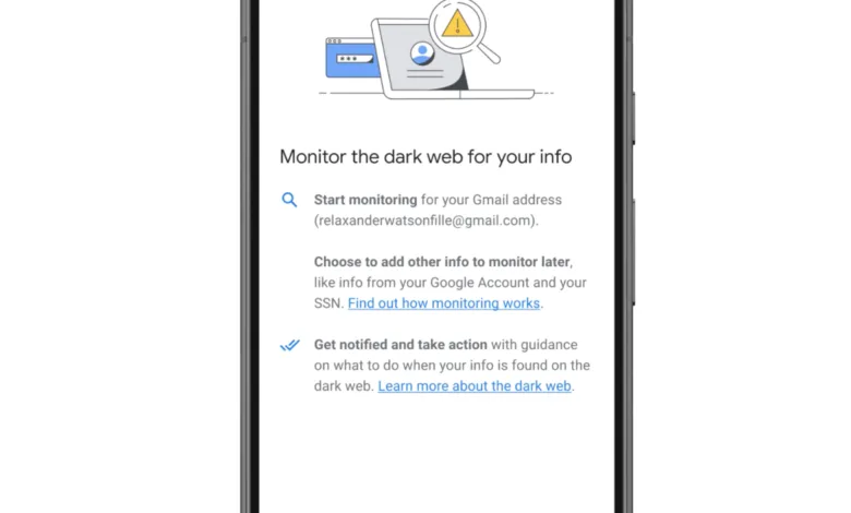 Screenshot of Google's Dark Web Report feature on a smartphone.