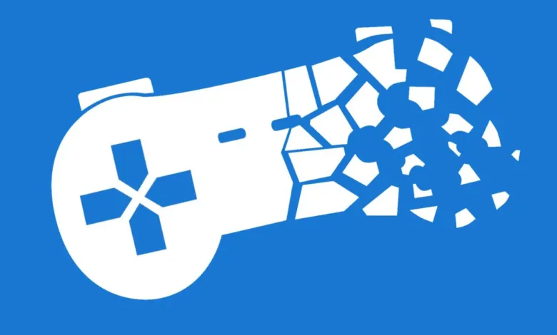 White game controller icon breaking apart on blue background.