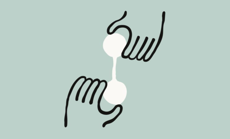 Stylized drawing of two hands connecting two white circles.