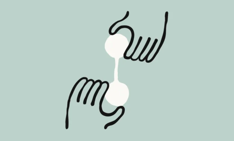 Stylized drawing of two hands connecting two white circles.