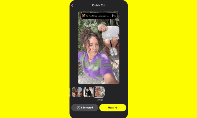 Snapchat Quick Cut interface showing a selfie with a friend in the background.