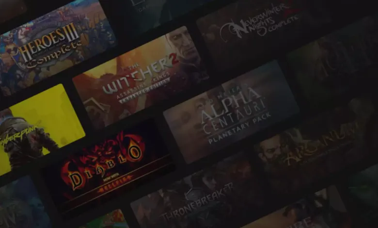 Game library showcasing various titles like Witcher 2, Diablo, and Cyberpunk.