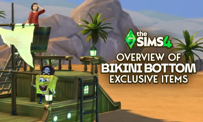 Sims 4 Bikini Bottom bundle items on a pirate ship in a desert landscape.