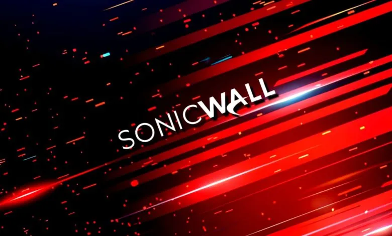 SonicWall logo with red and black abstract background.