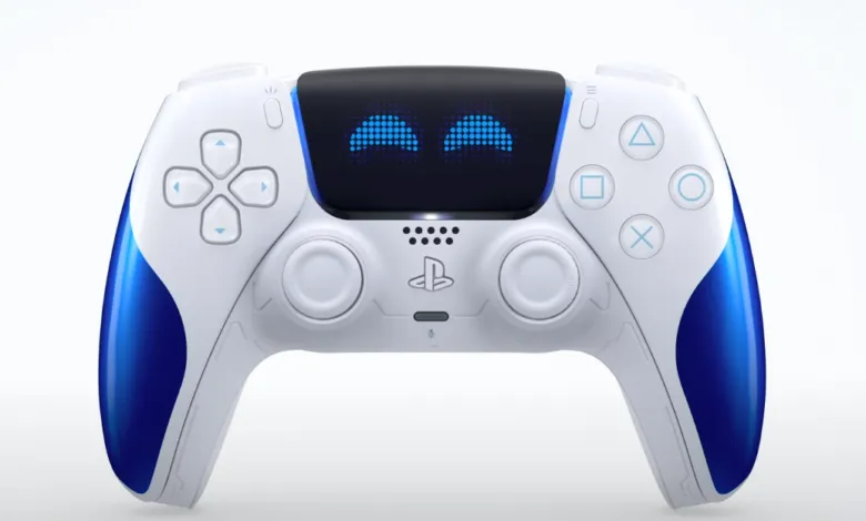 Custom DualSense controller with Astro Bot eyes on the touchpad screen.