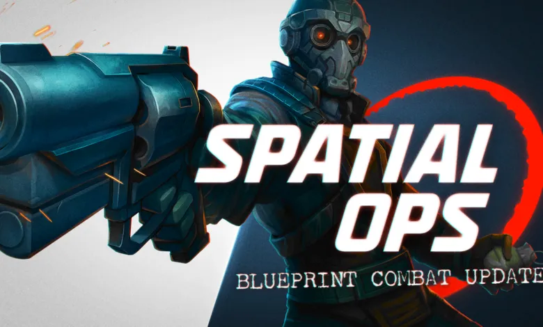 Futuristic soldier with gun and grenade, 'Spatial Ops' text overlay.