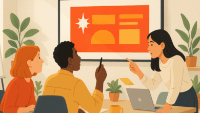 Three colleagues collaborate in a bright, modern office space.