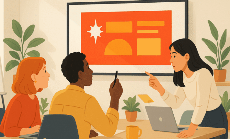 Three colleagues collaborate in a bright, modern office space.