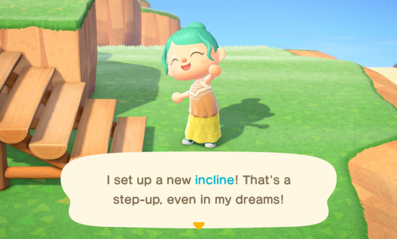 Animal Crossing character celebrates new incline on island.