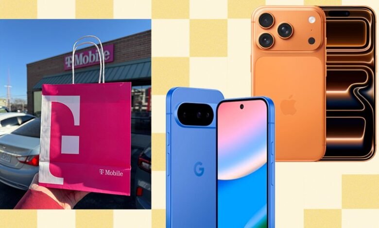 T-Mobile bag held up in front of store, with Apple and Google phones.