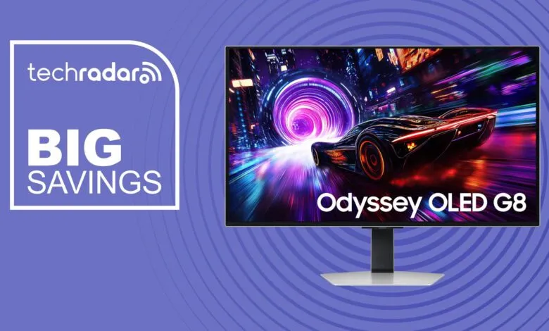 Samsung Odyssey OLED G8 monitor on display with vibrant, colorful graphics.